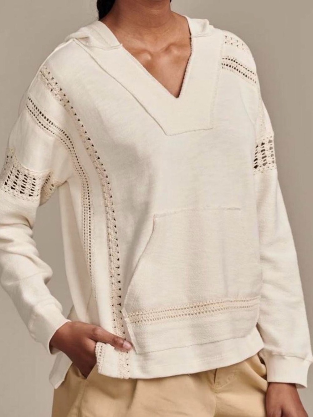 Lucky Brand Crochet Trim Baja Hoodie V neck Cream XL Boho